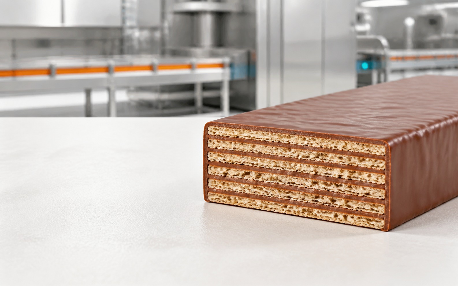 Wide layered wafer fully coated in chocolate in a modern food production setting